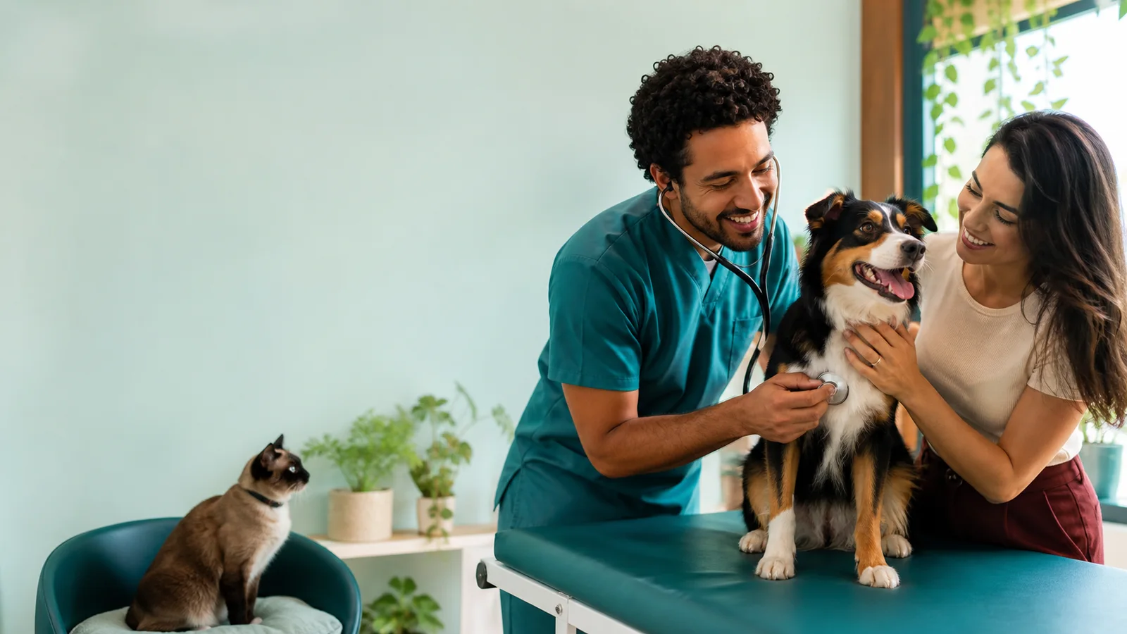 Veterinário examinando um cão saudável acompanhado por sua tutora e um gato
