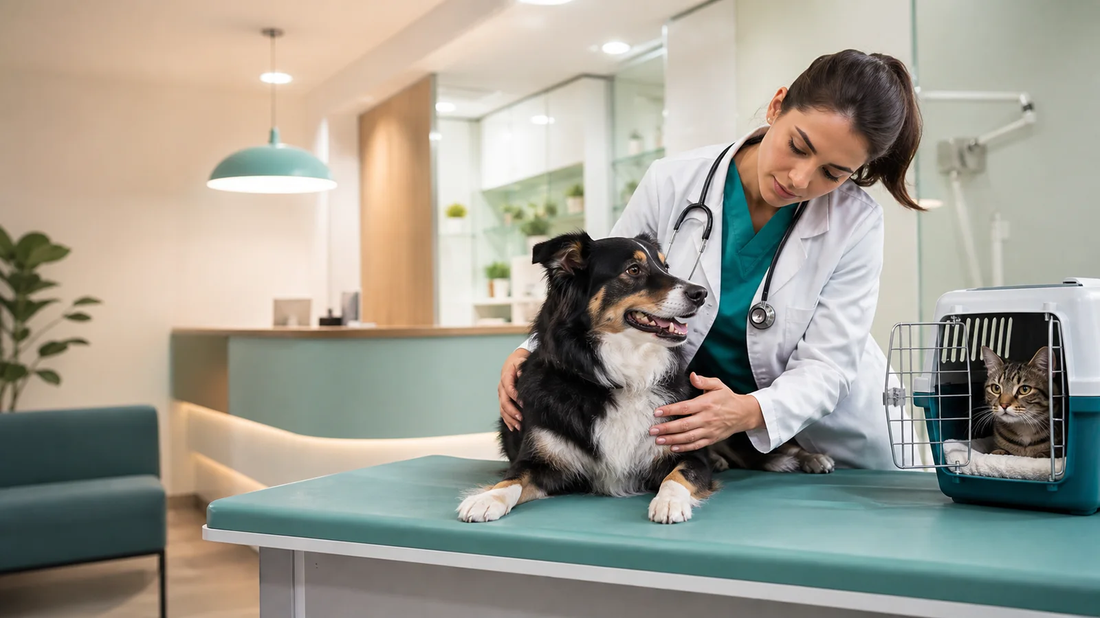 Médica-veterinária examinando um cão em consultório com um gato ao lado