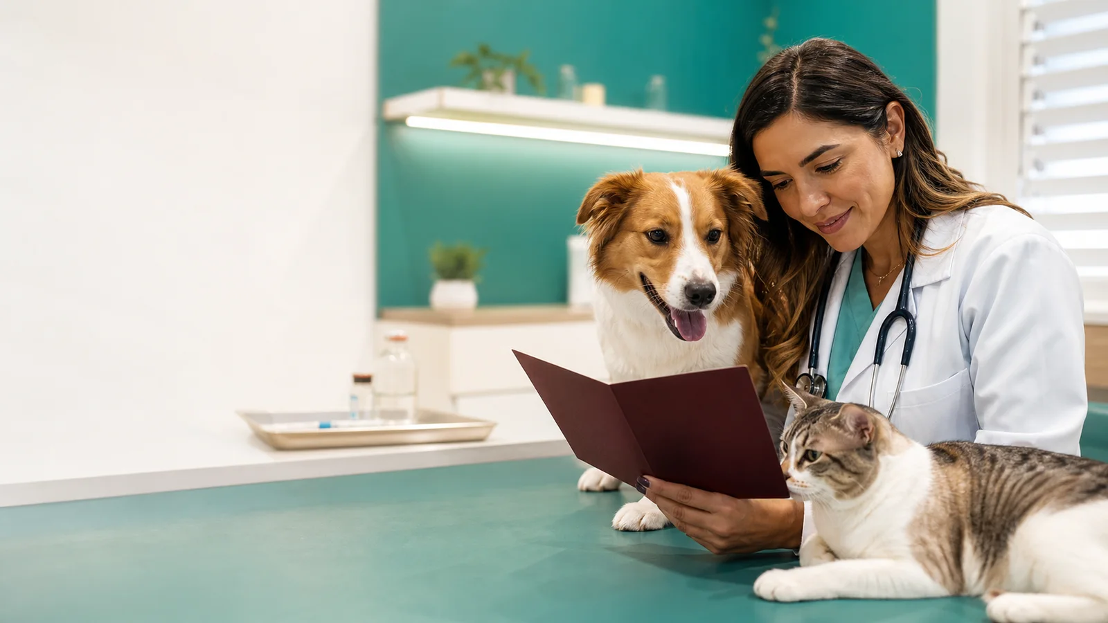 Médica-veterinária conferindo a caderneta de vacinação ao lado de um cão e um gato